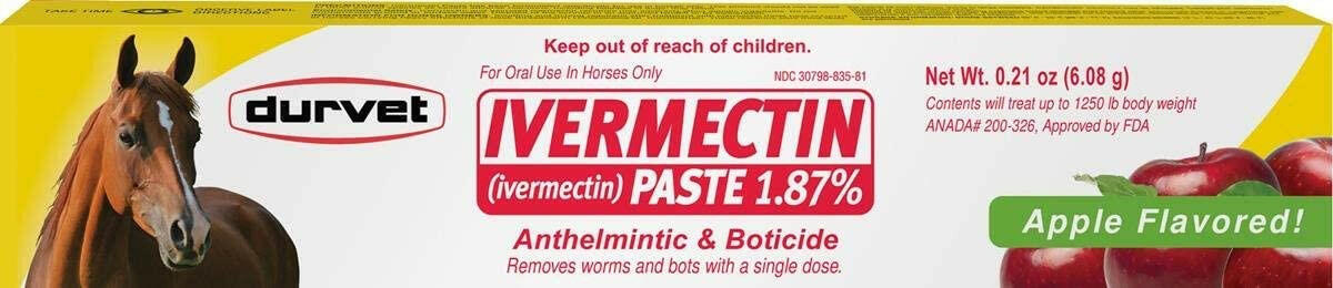Ivermectin paste dewormer syringe-style box, 1.87% apple-flavored label