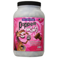 Plastic jar of horse treats with black lid and pink Popper Mints label