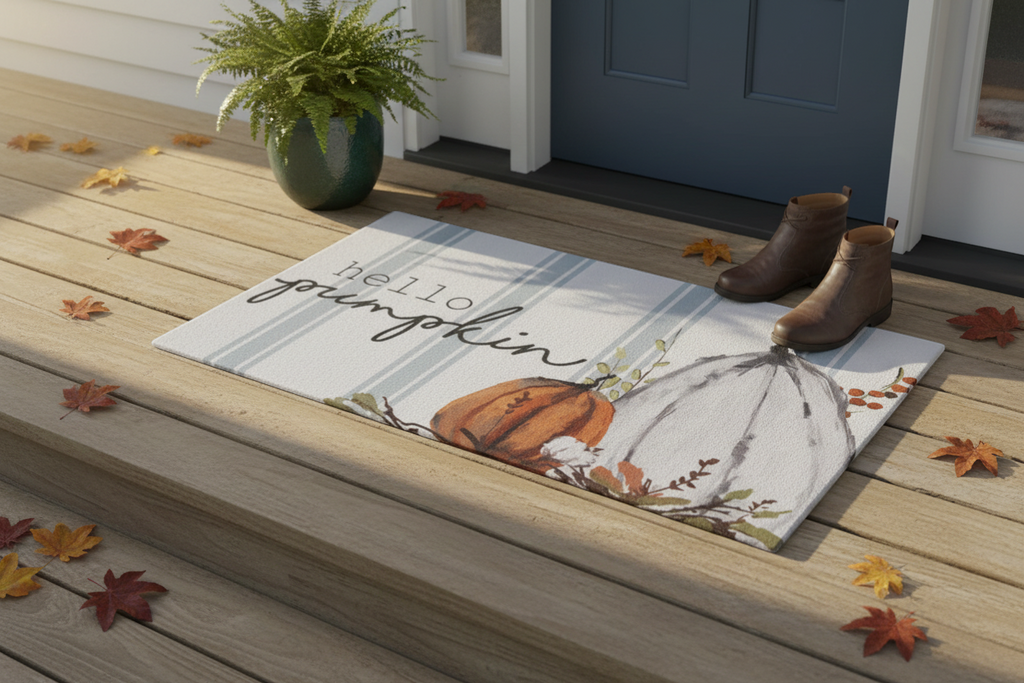 Rectangular decorative doormat with blue striped background and 'hello pumpkin' text with pumpkin
