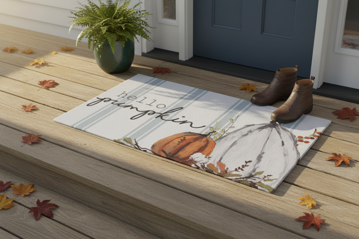 Rectangular decorative doormat with blue striped background and 'hello pumpkin' text with pumpkin