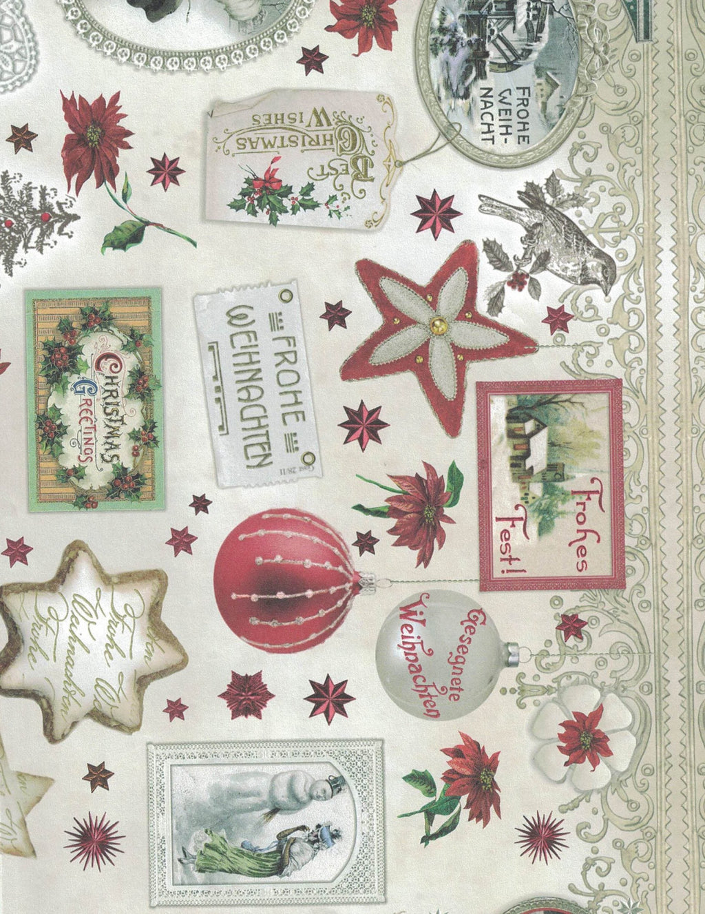 Christmas wrapping paper sheet with festive stickers, stars, and decorative tag labels