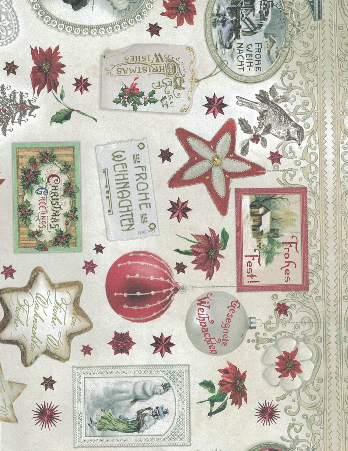 Christmas wrapping paper sheet with festive stickers, stars, and decorative tag labels