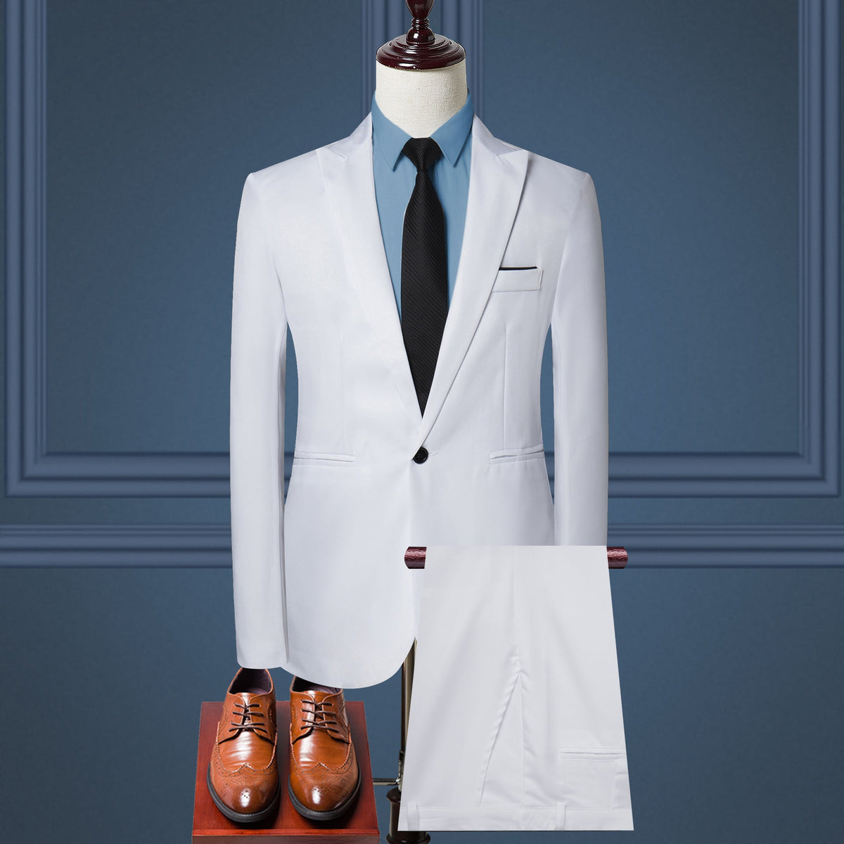 Men's white two-piece suit set with matching blazer and shorts