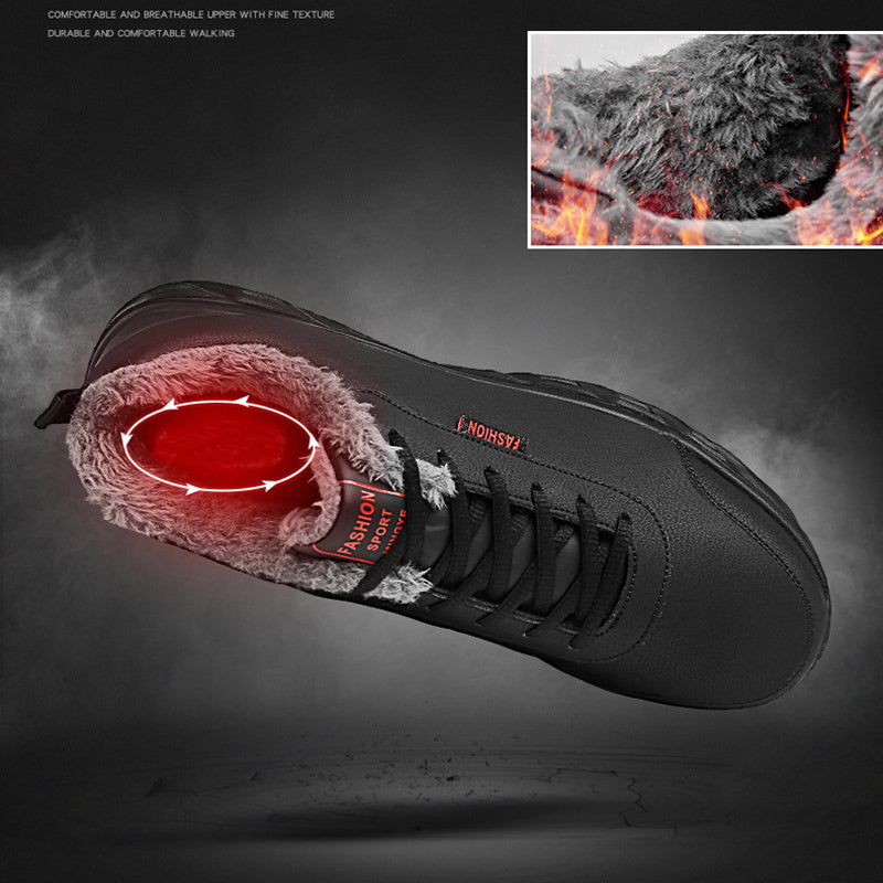 Men's black winter sneaker showing plush lining and glowing insole detail.