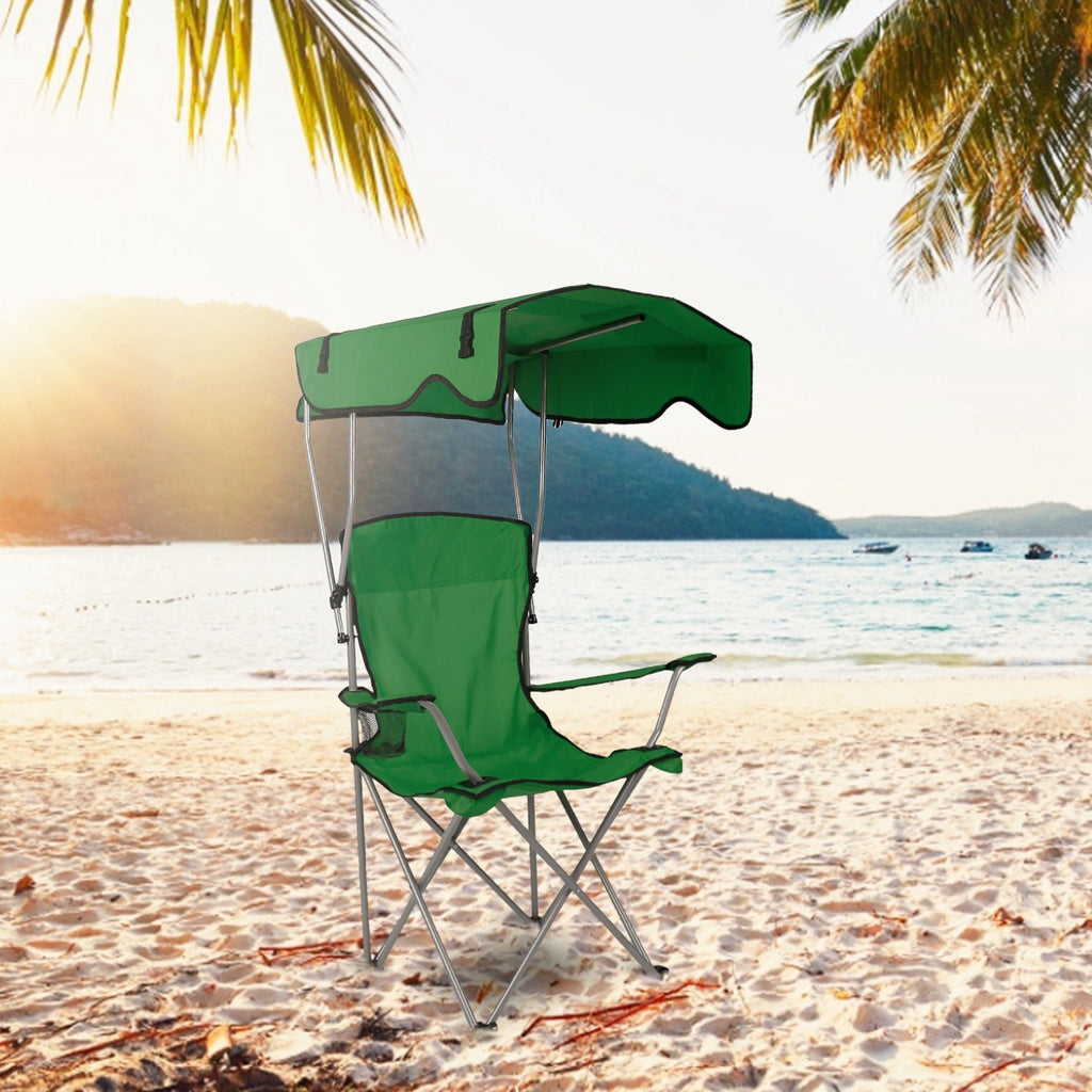 Green folding beach canopy chair with overhead sunshade and reclining seat