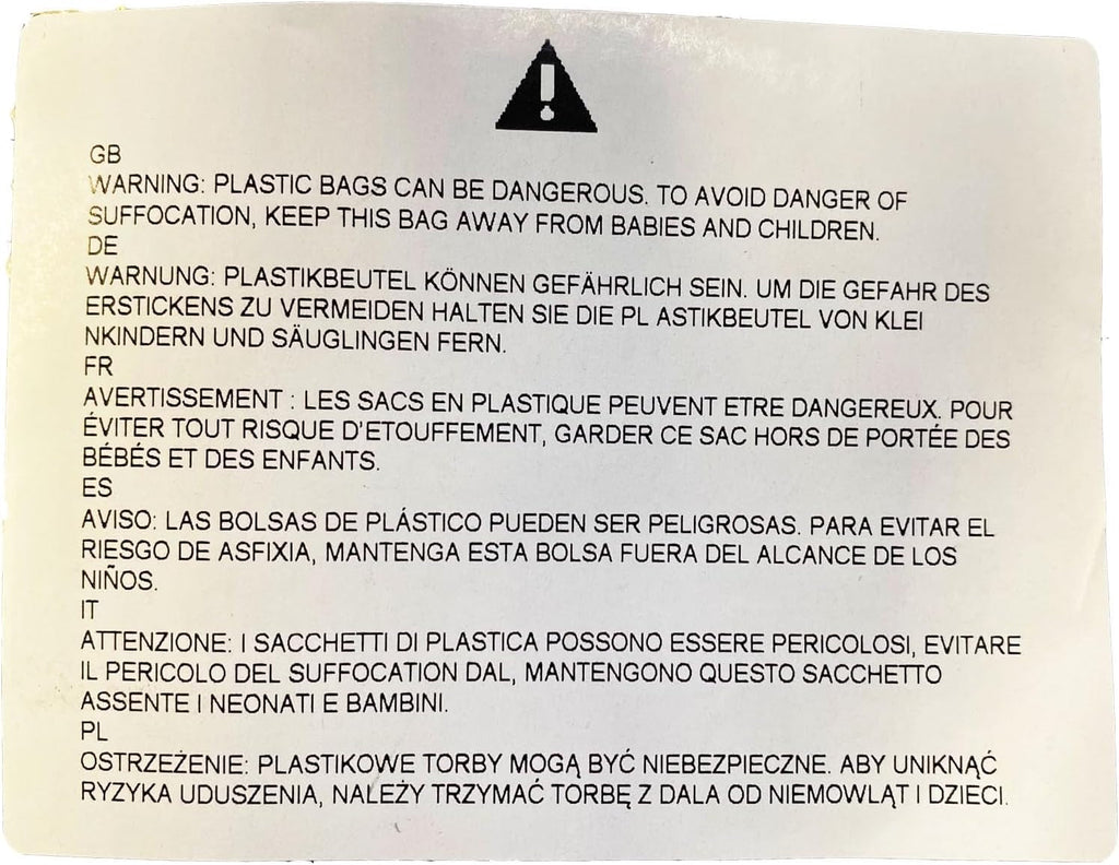 Protective bag warning label with multilingual text