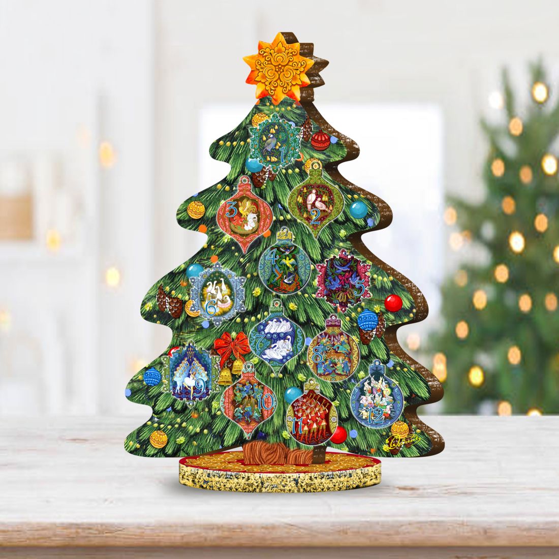 Decorated wooden Christmas tree centerpiece figurine standing on a round base