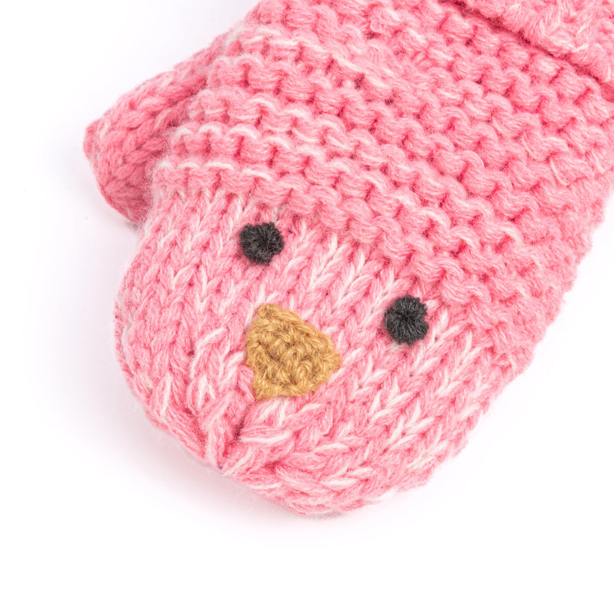 Pink knitted chick mitten with ribbed cuff and embroidered chick face detail