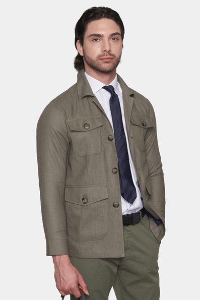 Olive slim safari coat with button-front and flap chest pockets