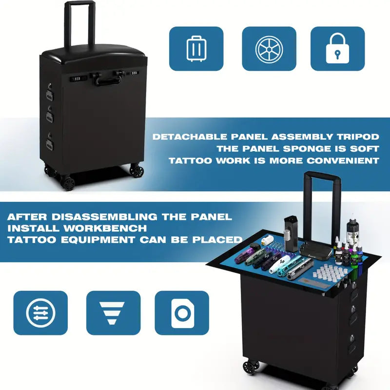 Black rolling tattoo supply suitcase with telescoping handle and four wheels