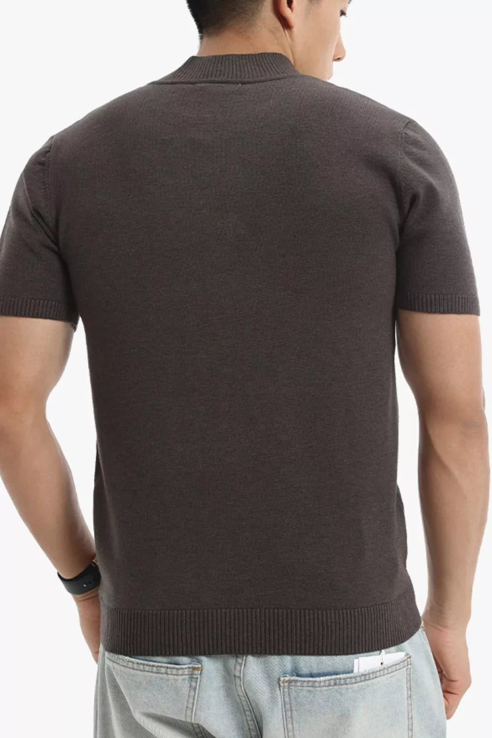 Men's slim-fit short-sleeve sweater with ribbed turtleneck, dark charcoal knit (back)