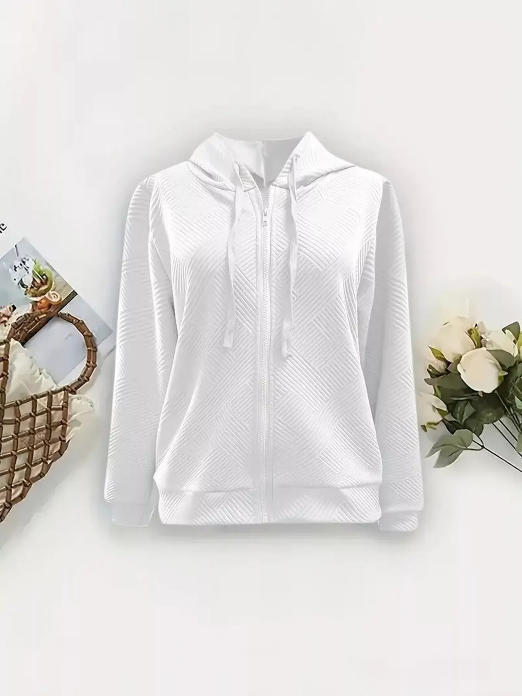 White zip-up hooded jacket with textured pattern and full-length front zipper