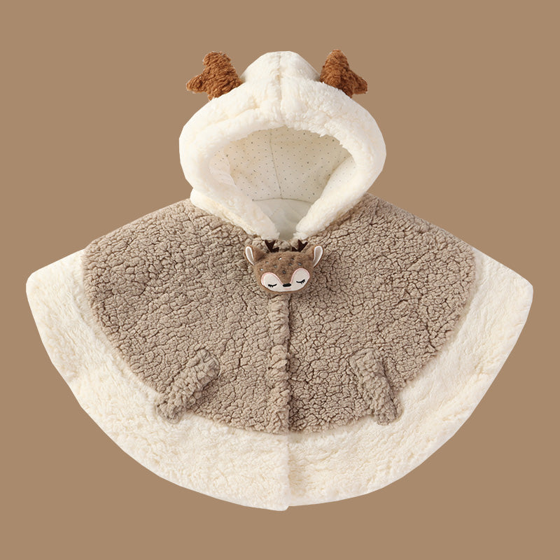 Brown and cream hooded plush cape with bunny face center and ear hood trim