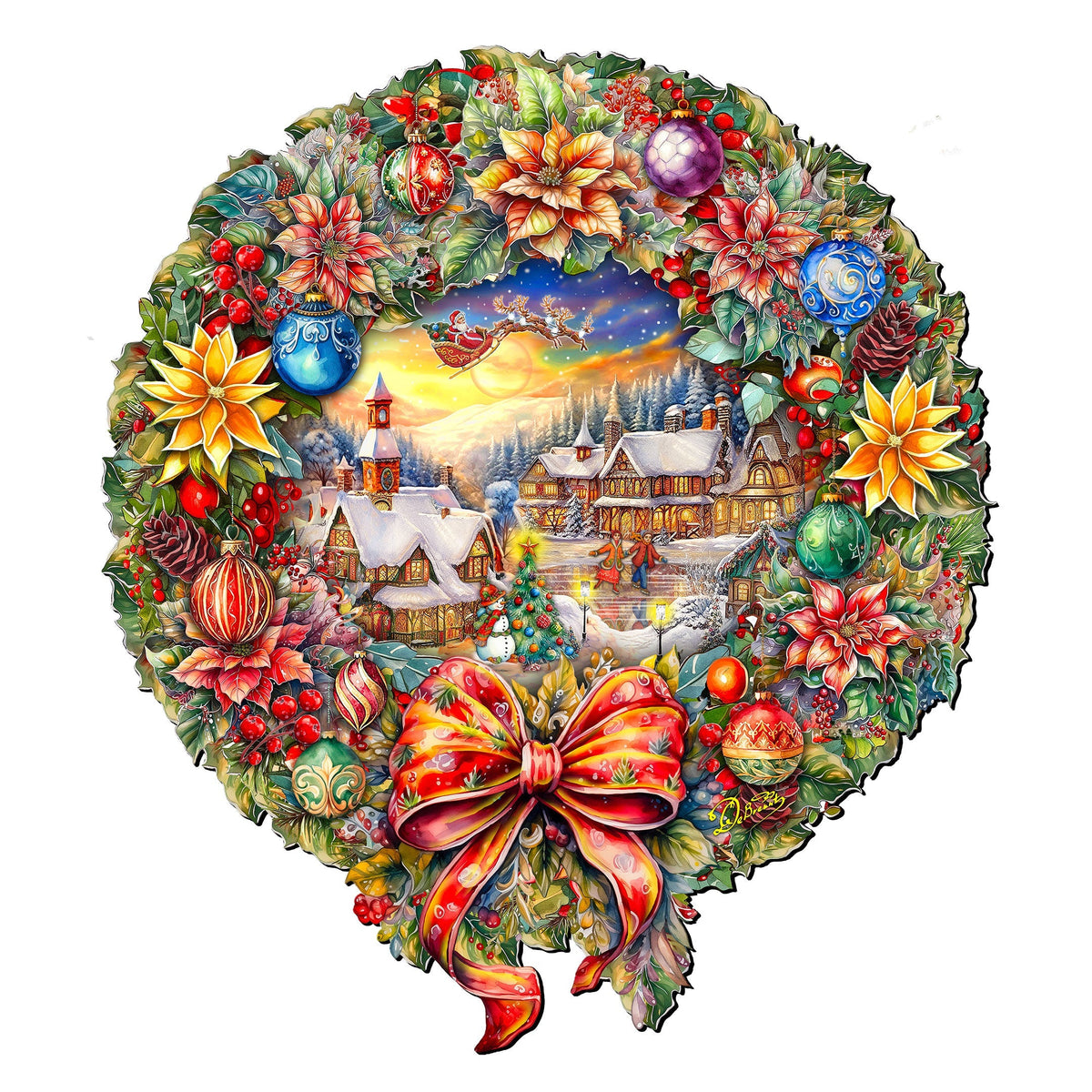 Wooden Christmas wreath with bright village scene, ornaments, and oversized red ribbon bow