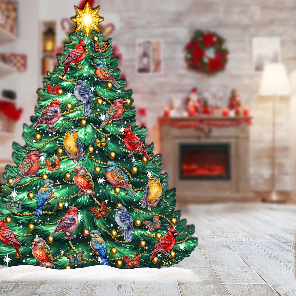 Bird-themed Christmas tree decoration with glowing lights and gold star topper