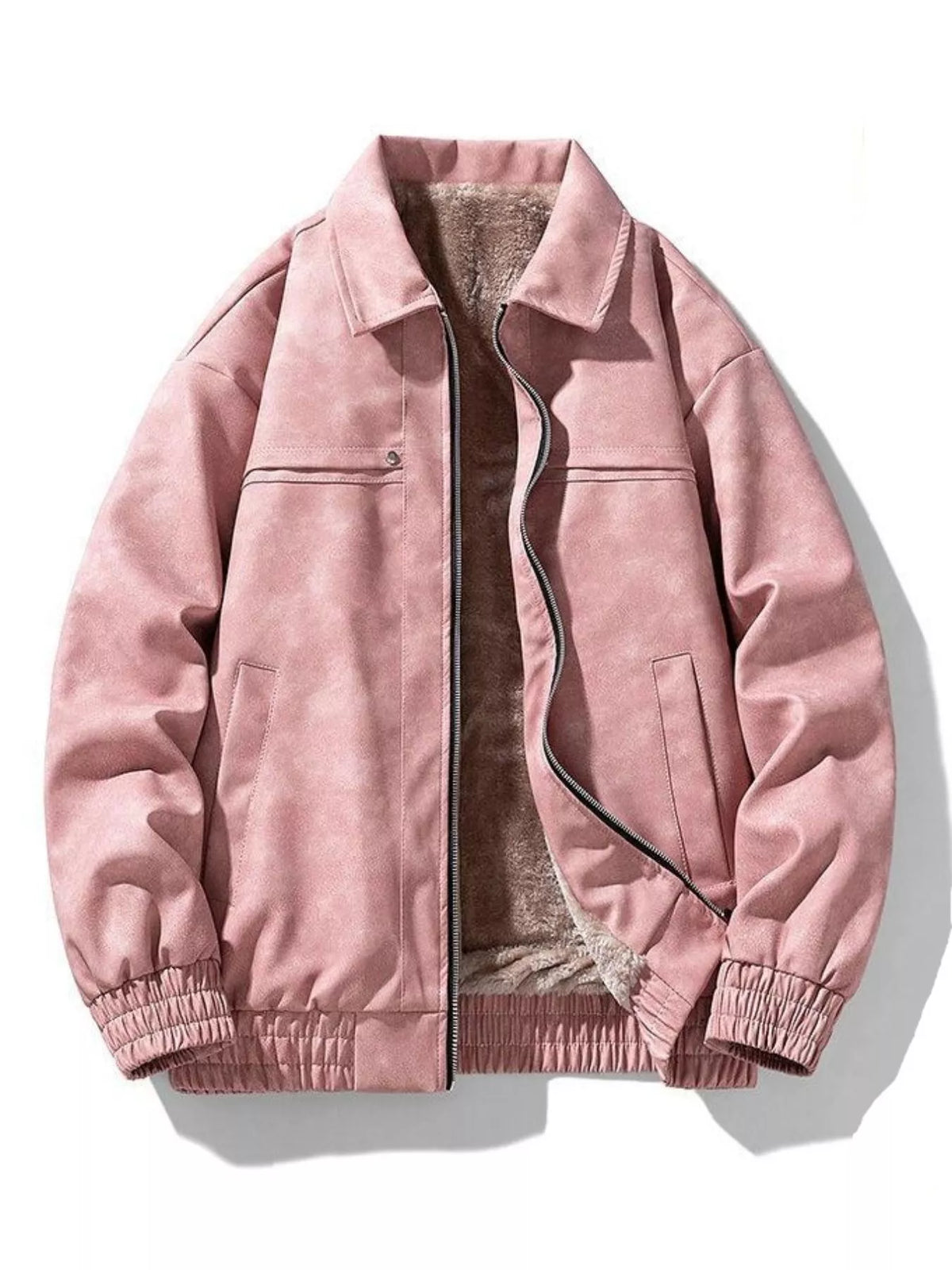 Dusty pink fleece-lined zip-up jacket with flap pockets and ribbed cuffs