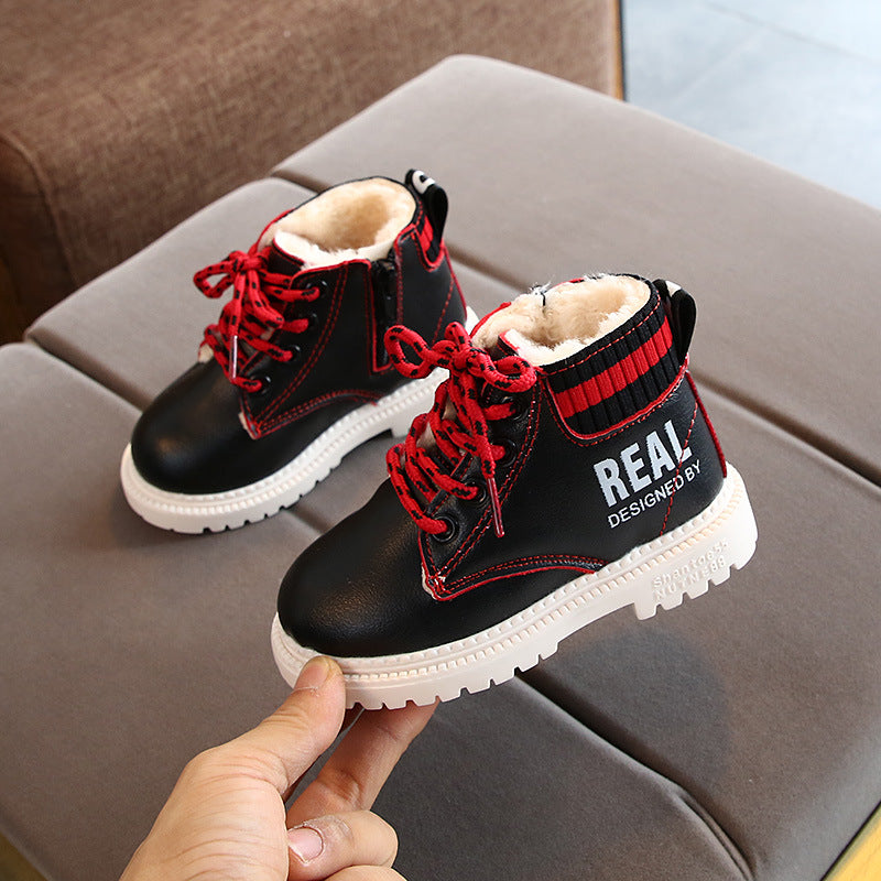 Kids black lace-up ankle boots with red laces and fuzzy lining, grippy white outsole