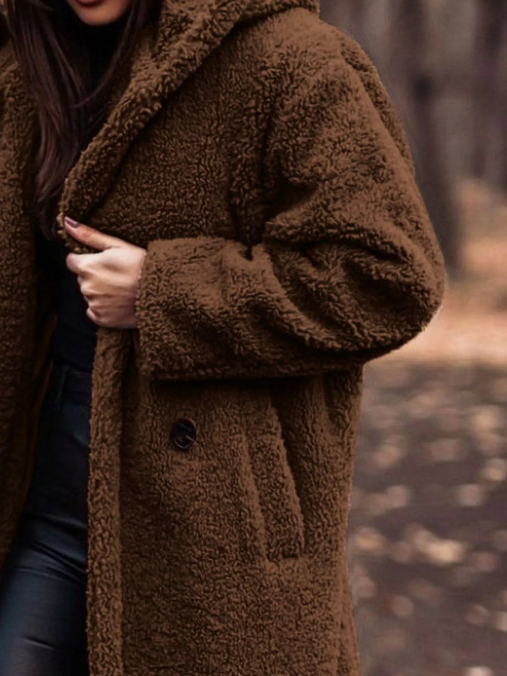 Dark brown hooded teddy coat, longline fit with button closure and side pockets