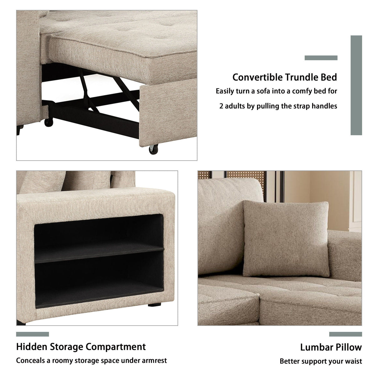 Beige sectional sleeper sofa with open trundle base and hidden storage compartment