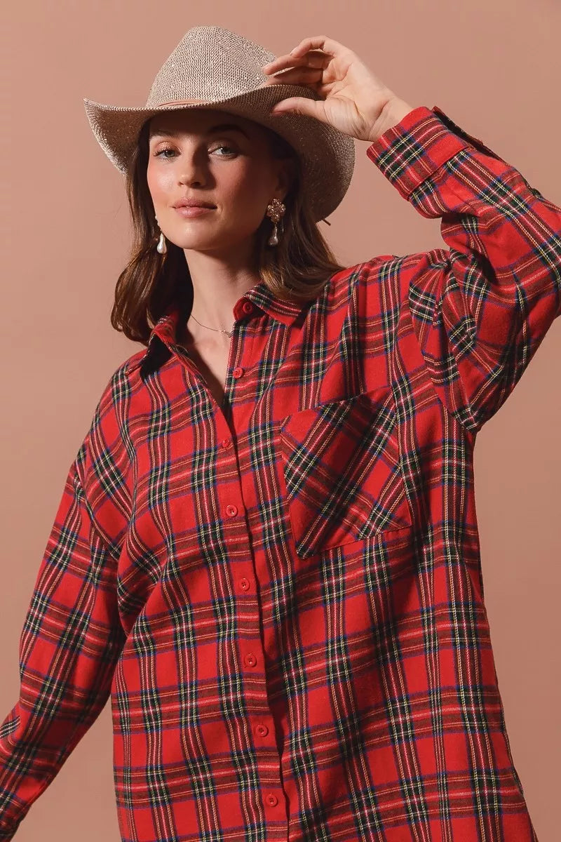Red plaid button-up shirt dress detail: collar, chest pocket, long sleeves