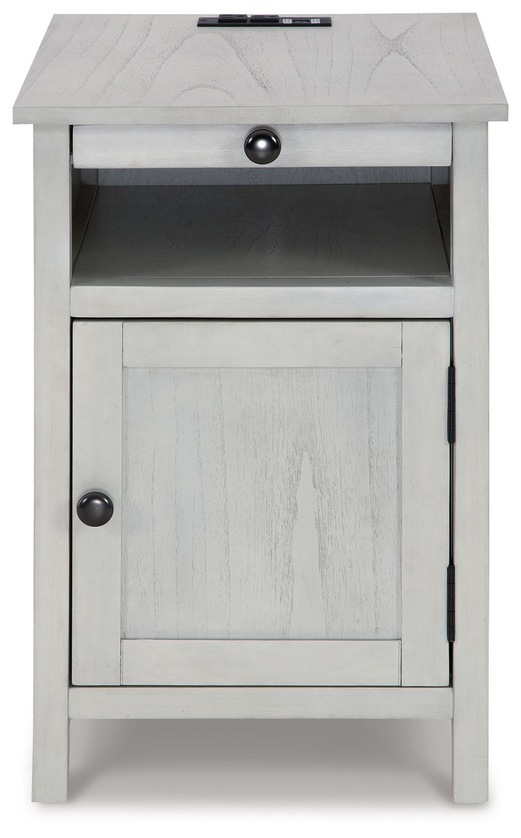 Light beige chairside end table with open compartment and cabinet door