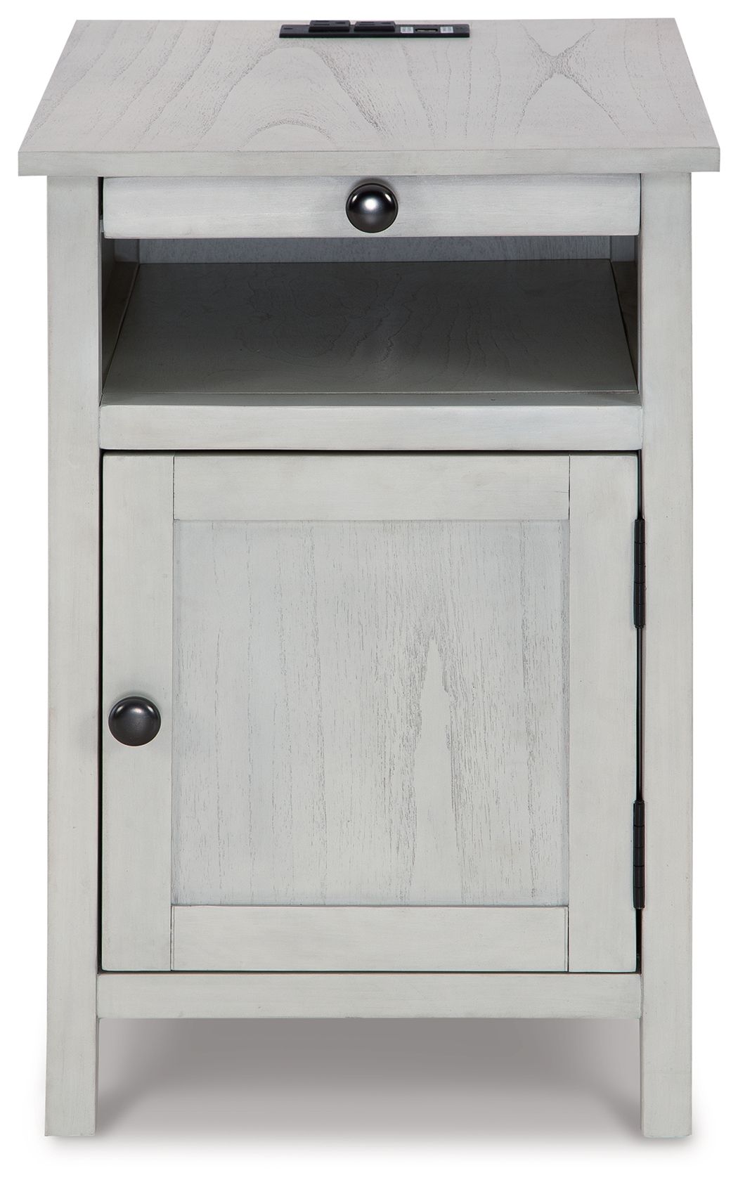 Light beige chairside end table with open compartment and cabinet door