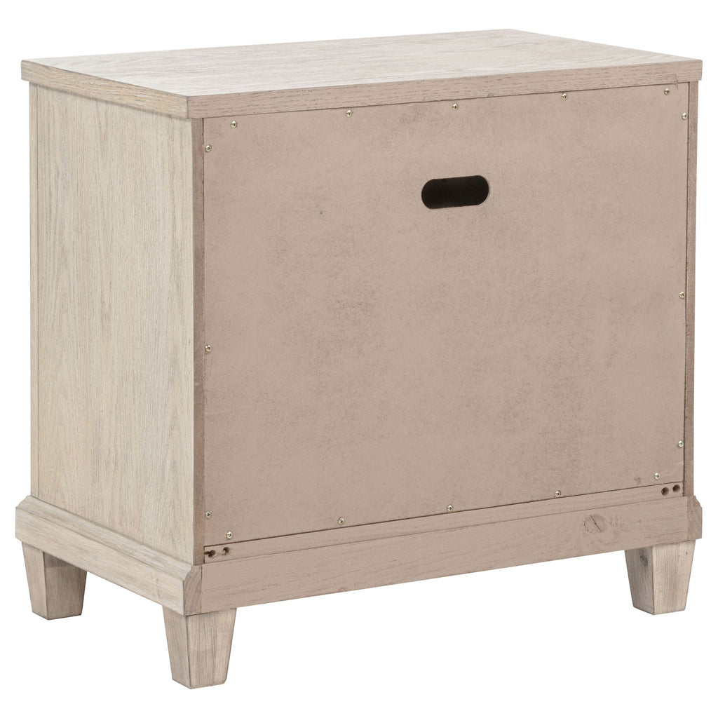 Washed oak storage base with lift lid and metal hardware for queen bed
