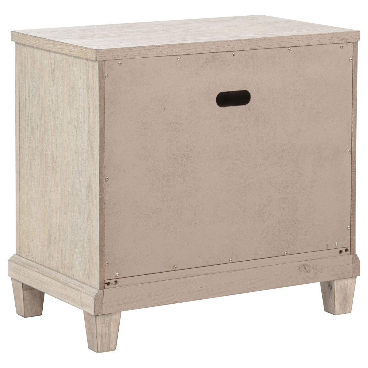 Washed oak storage base with lift lid and metal hardware for queen bed