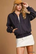 Charcoal zip-up fleece hooded jacket with drawstring hood, full front zipper