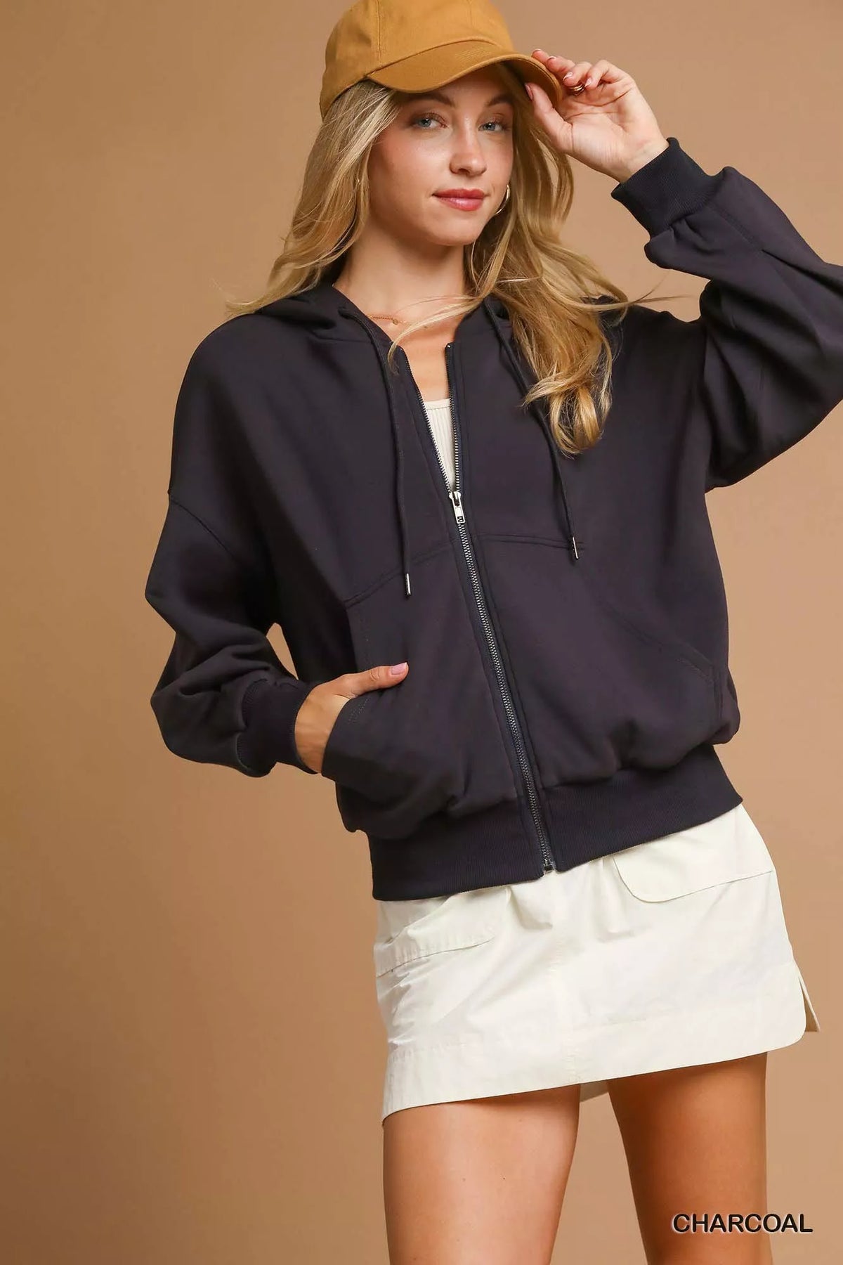 Charcoal zip-up fleece hooded jacket with drawstring hood, full front zipper