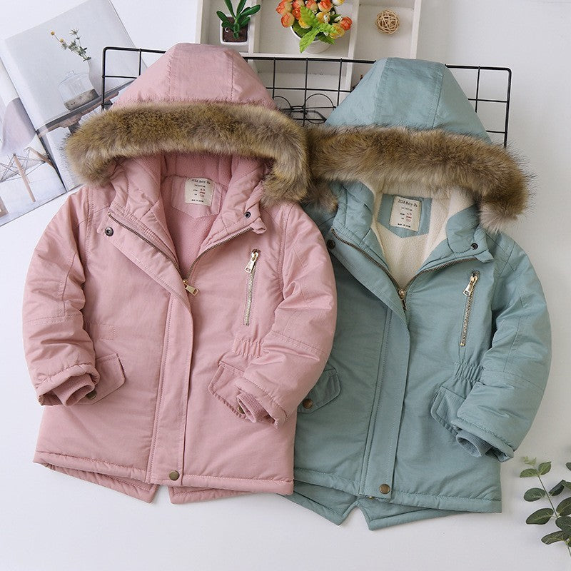 Boys cotton-padded winter jacket with faux fur hood, pink and teal colorways