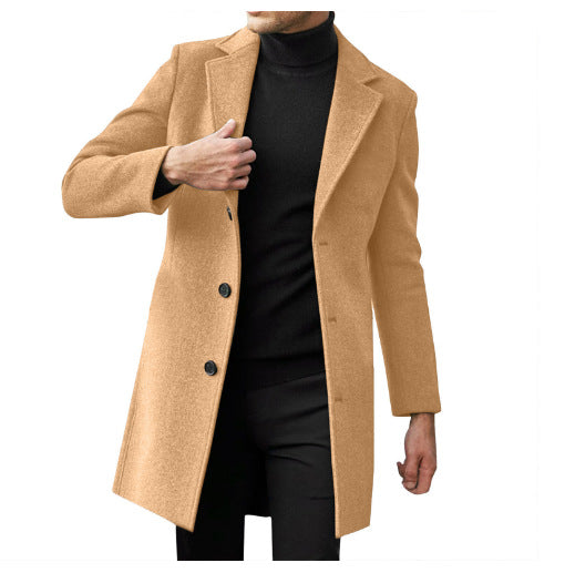 Men's mid-length wool coat in tan with notch lapels and long sleeves