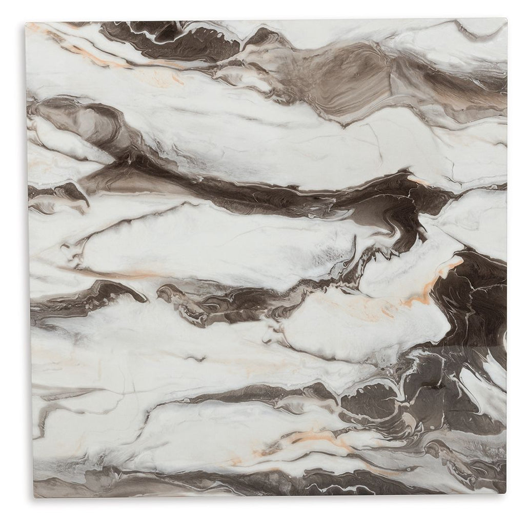 Marble-look tabletop in beige and dark brown with swirled pattern