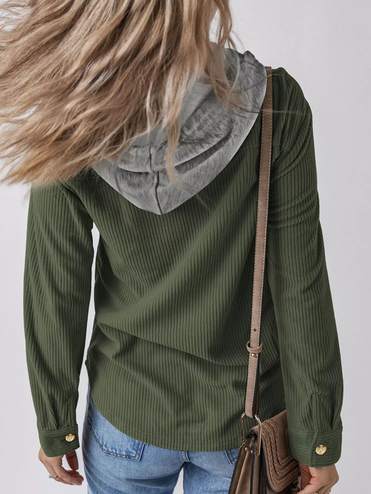 Army green corduroy hooded jacket, back view with drawstring hood