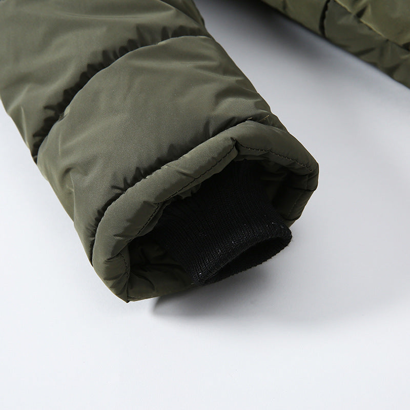 Olive green kids puffer jacket sleeve cuff with ribbed inner lining