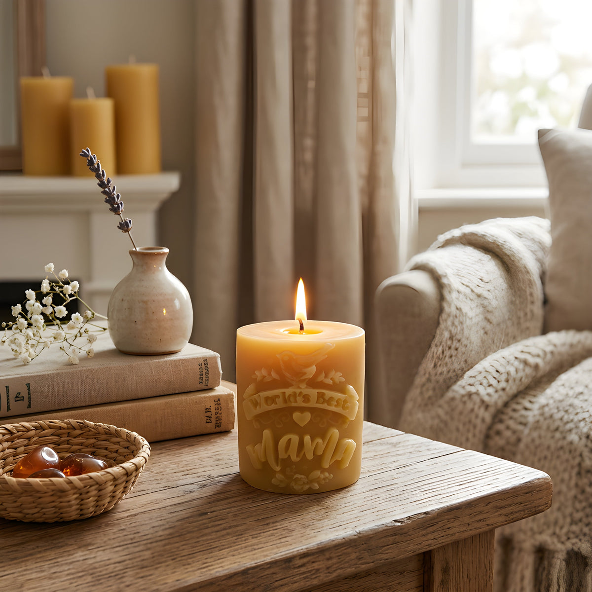 Honey-colored beeswax candle with embossed mother design, lit flame on wooden table
