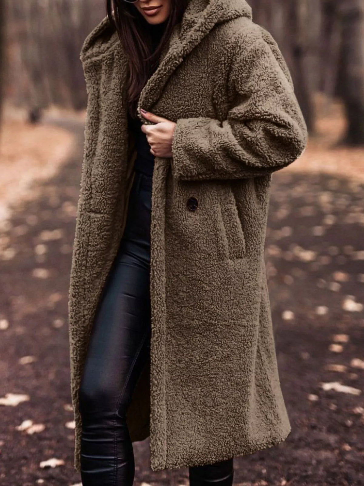 Beige hooded longline teddy coat with button front and full-length hem