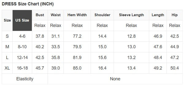 Dress size chart with measurements by size S, M, L, XL