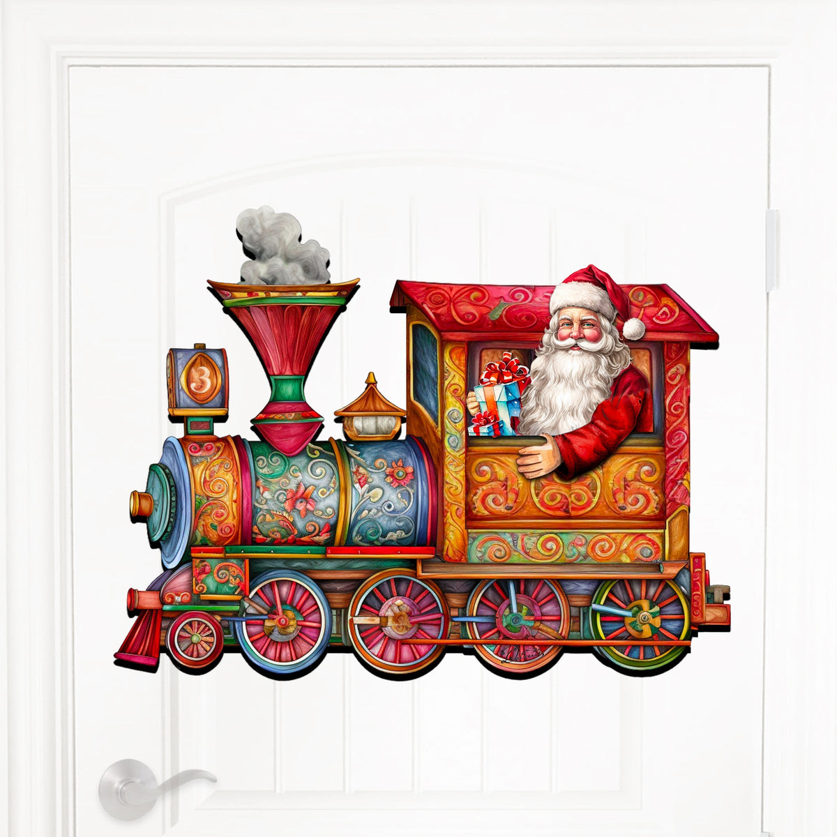 Santa train door decoration on white background with snowman smokestack and cab gift