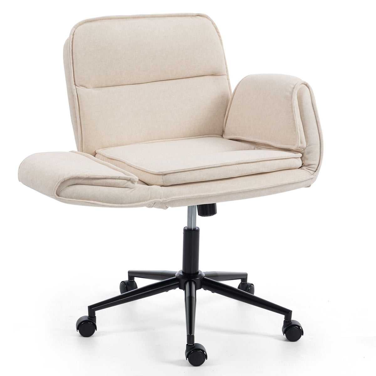 Beige fabric swivel desk chair with padded seat, curved armrests, and casters