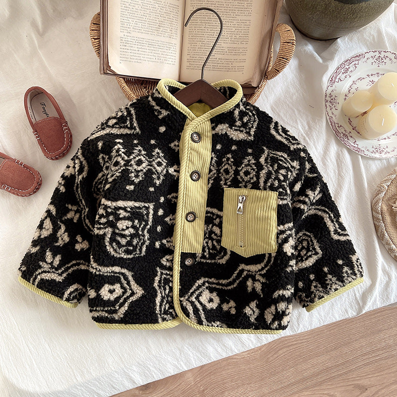 Boys thick quilted plush top, black patterned sherpa with cream motifs and yellow trim
