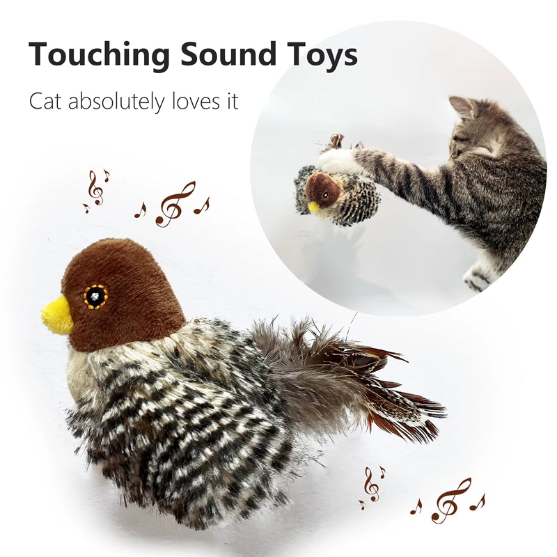 Plush bird cat toy with brown head, yellow beak, speckled wings, and fuzzy feather tail