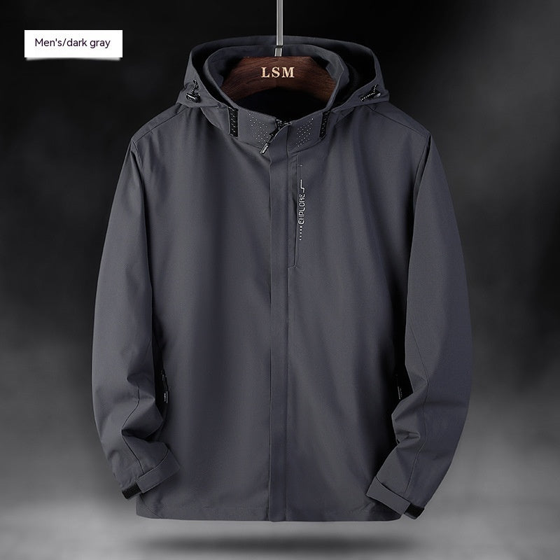 Men's dark gray waterproof hooded jacket with zip front and stand collar