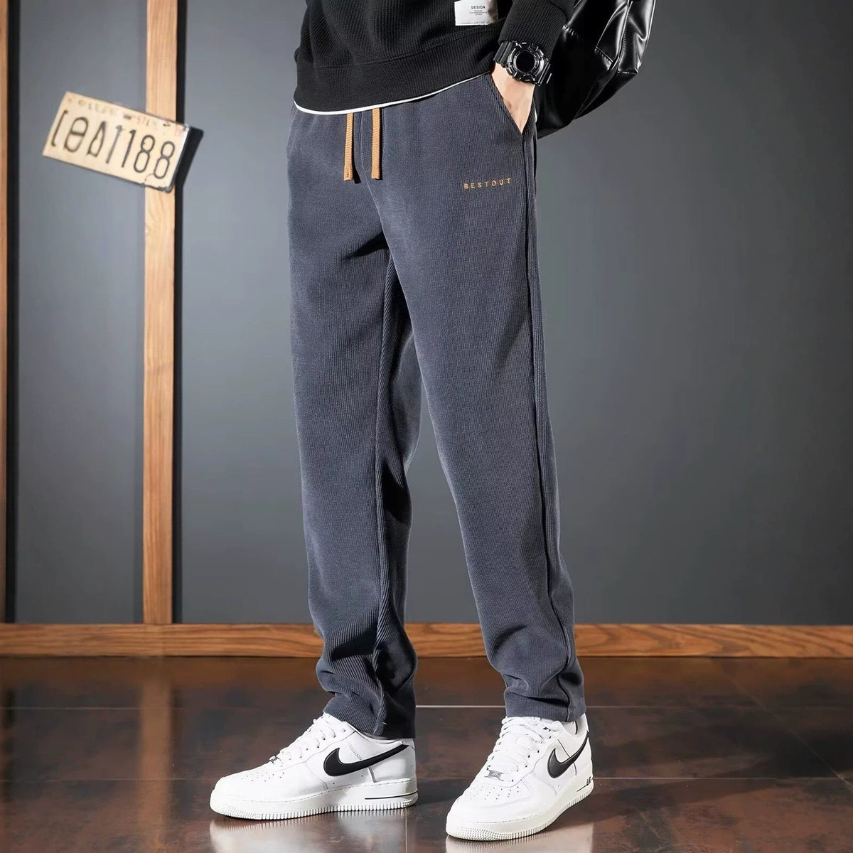 Men's straight-leg corduroy pants, dark gray, drawstring waist, side pockets
