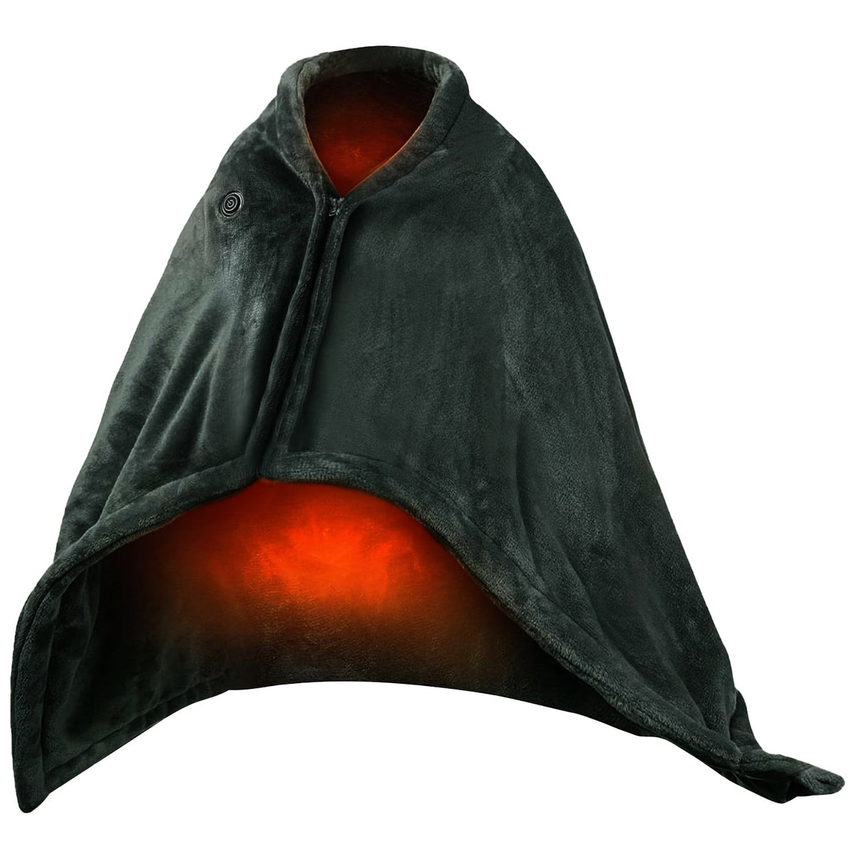 Hooded heated poncho, dark green plush fabric with front zipper and button accents