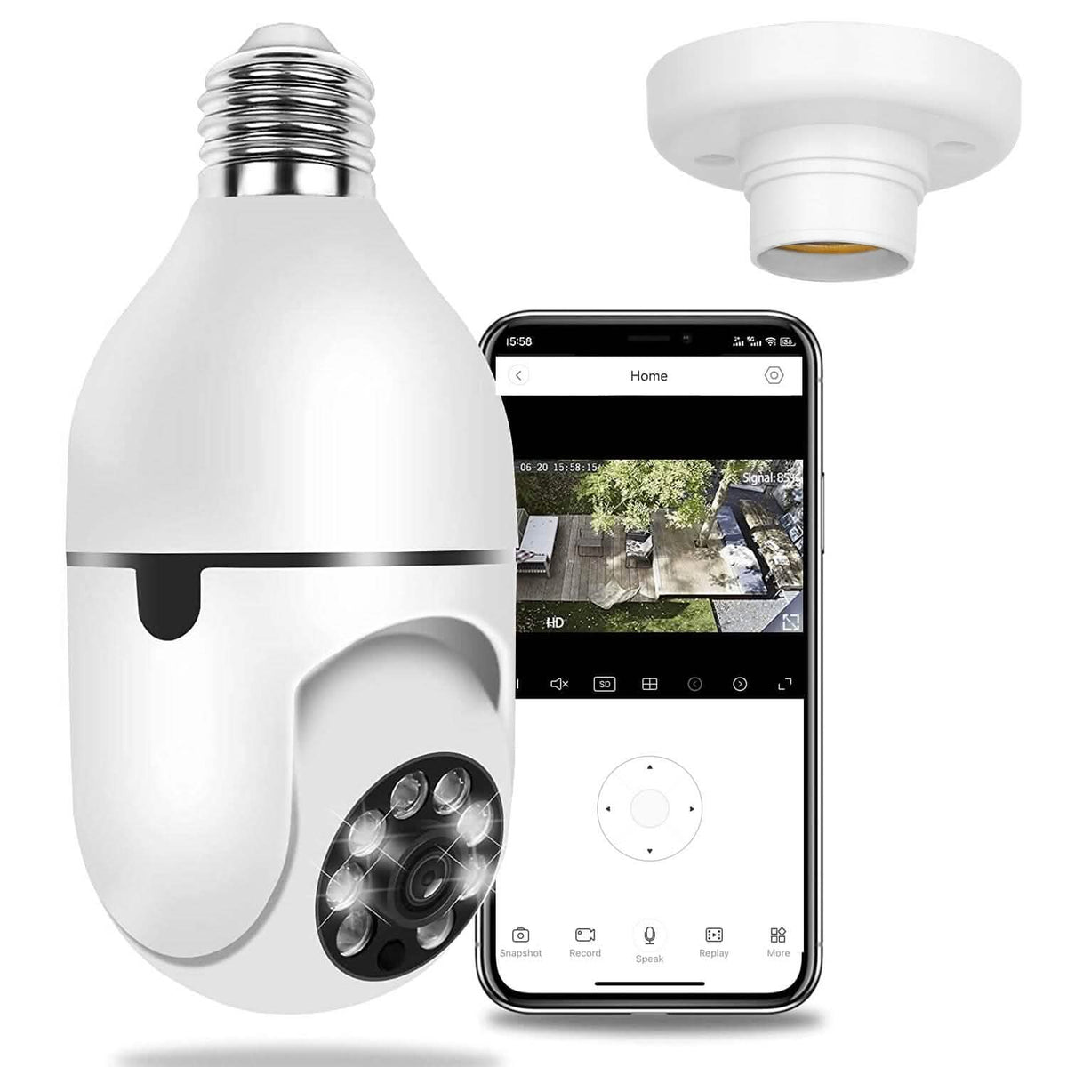White smart WiFi security bulb camera with built-in lens and app control view