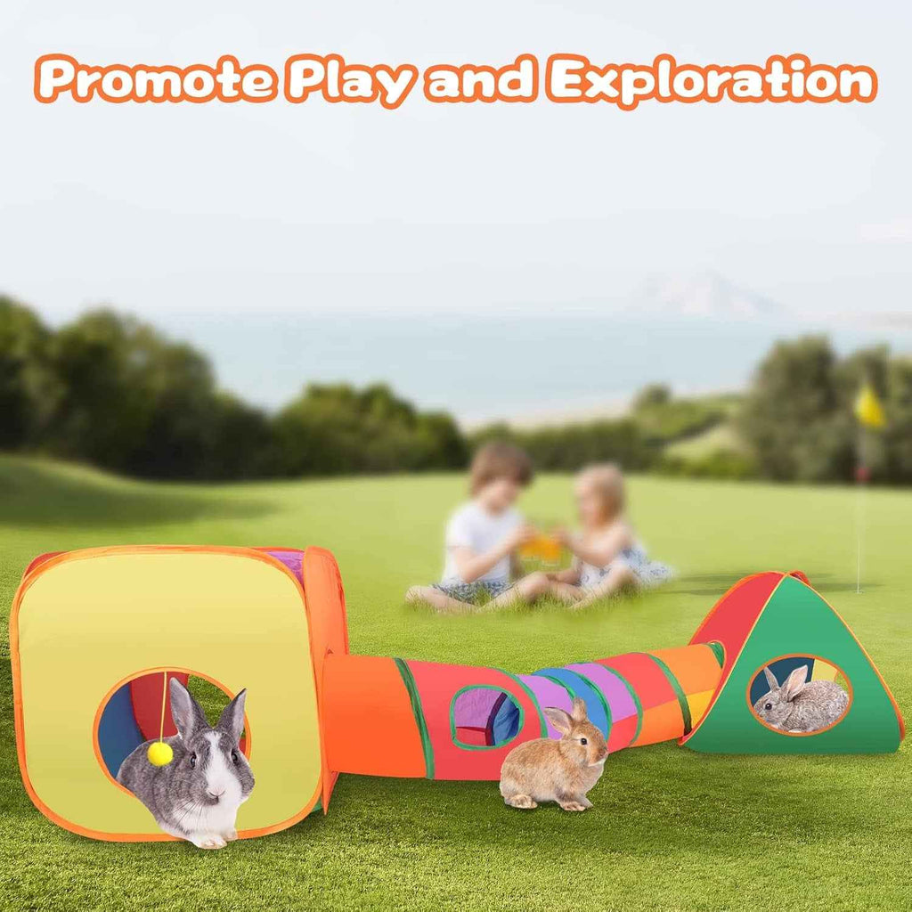 Rainbow rabbit play set with cube, tent, and peek-hole tunnel