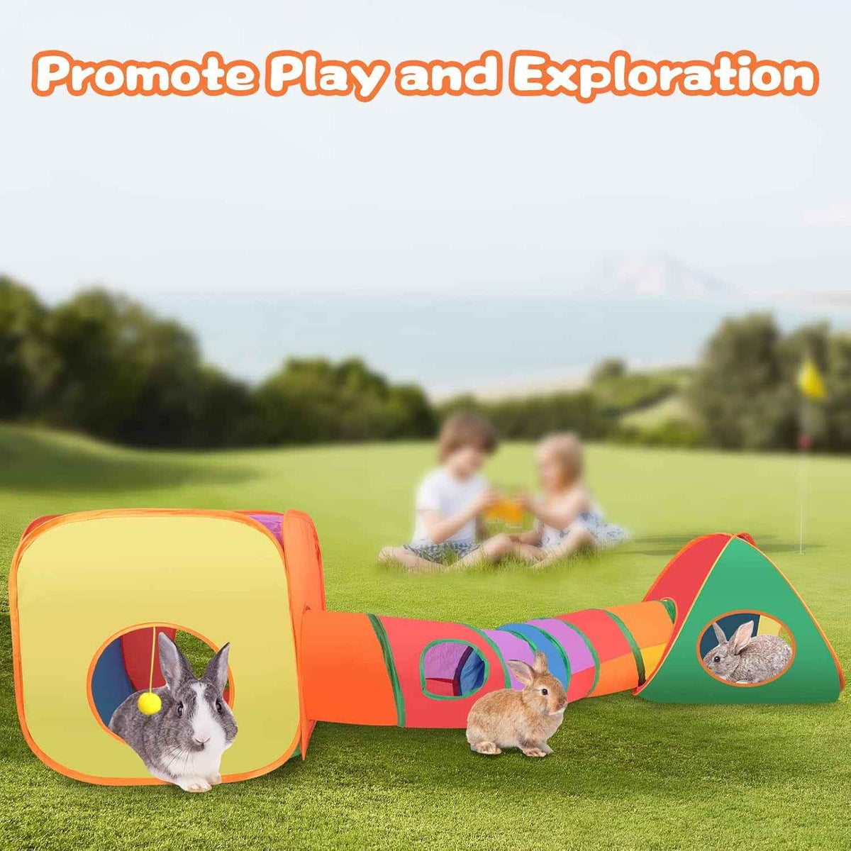 Rainbow rabbit play set with cube, tent, and peek-hole tunnel