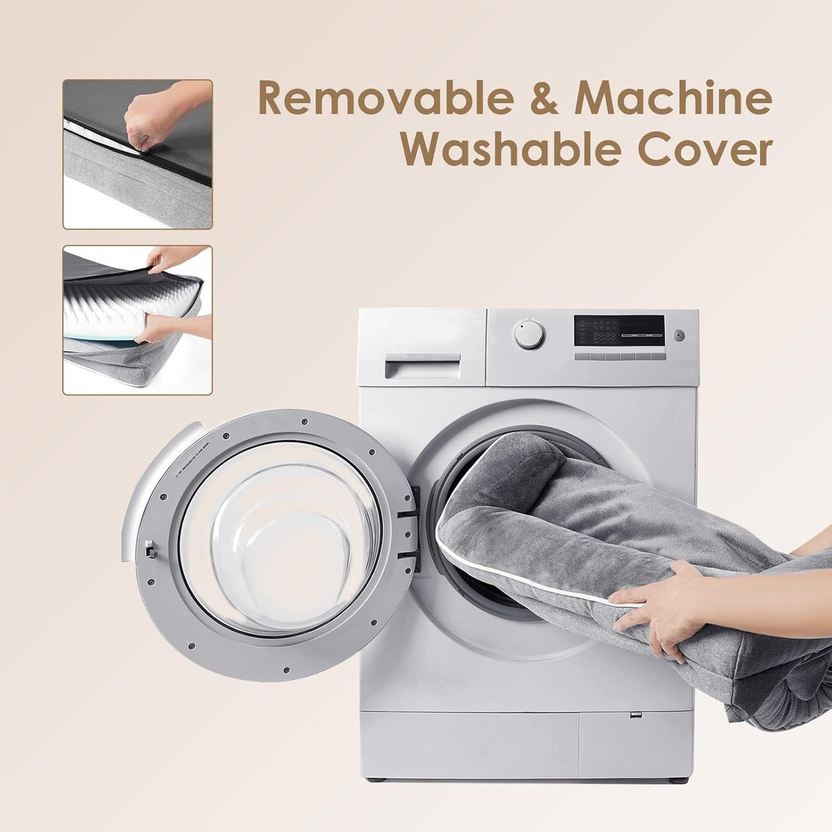 Removable dog bed cover loading into a washing machine for washability