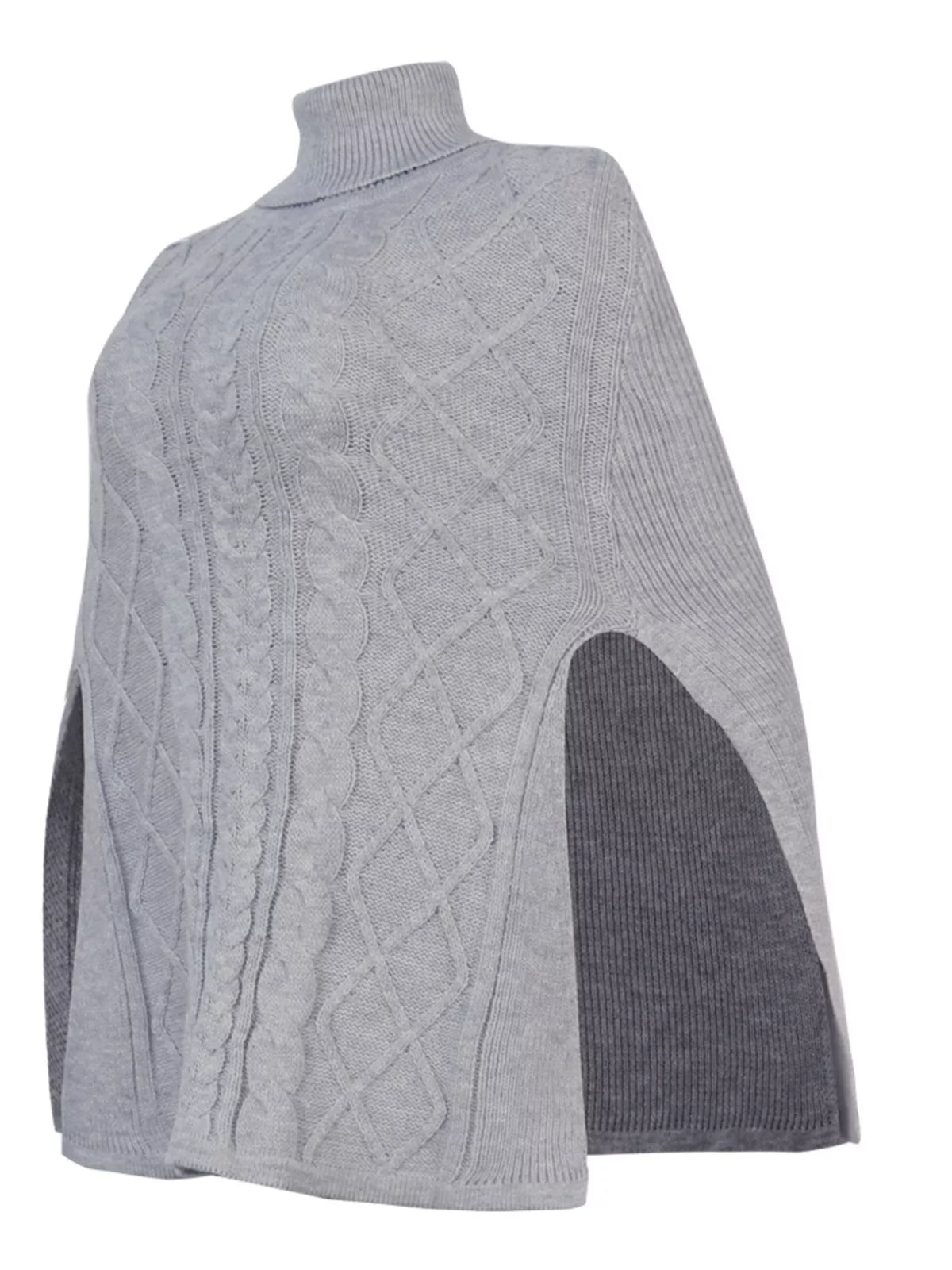 Grey chunky cable-knit turtleneck poncho, side opening for arm passthrough